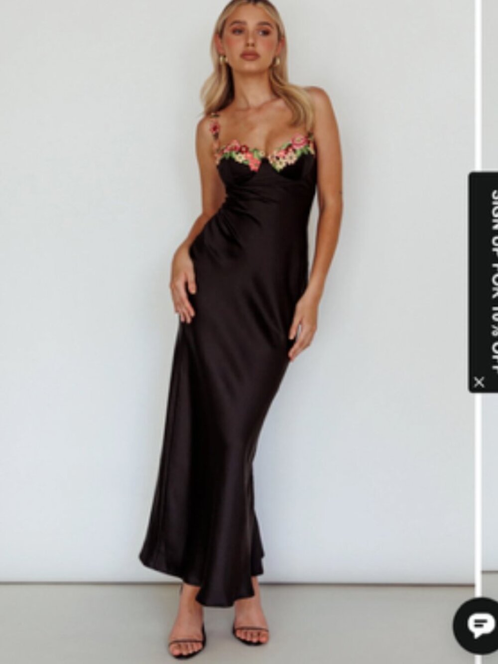 Selfie Leslie Rose Garden Floral Appliqué Midi Maxi Dress Black Satin Small NWT